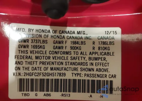 2016 Honda Civic Lx z USA, uszkodzony, nr VIN 2HGFC2F52GH517839